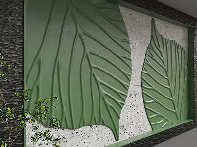 Decorative Green Leaf Relief Wall With White Speckled Concrete Texture And Natural Plant Accents 3d model