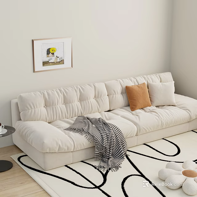 Cream Sectional Sofa with Plush Cushions Orange Beige Accent Pillows Checkered Throw and Geometric Rug 3d model 