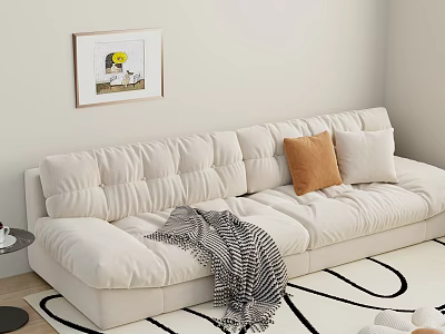 Cream Sectional Sofa with Plush Cushions Orange Beige Accent Pillows Checkered Throw and Geometric Rug 3d model