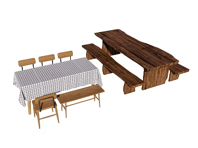 Wooden Dining Table Set With Checkered Tablecloth Chairs And Benches 3d model