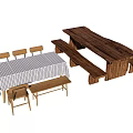 Wooden Dining Table Set With Checkered Tablecloth Chairs And Benches