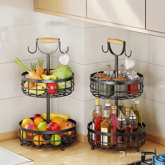 Two Tiered Metal Kitchen Rack With Vegetables Fruits And Spices 3d model 