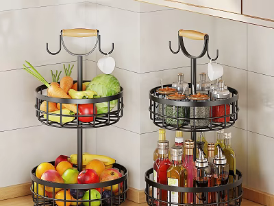 Two Tiered Metal Kitchen Rack With Vegetables Fruits And Spices 3d model