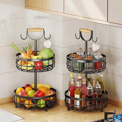 Two Tiered Metal Kitchen Rack With Vegetables Fruits And Spices 3d model