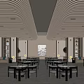 Modern Lobby Interior With Wooden Ceiling Marble Floor Tables Chairs And Artwork