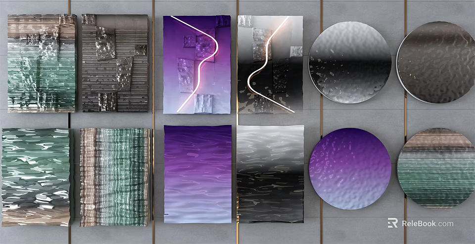 Wall Decor with Square Round Shapes Purple Green Black Silver Textures and Light Shadows 3d model 
