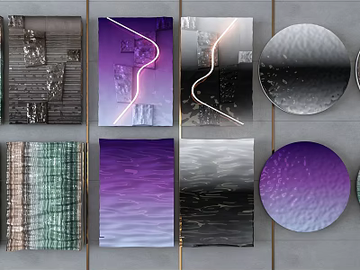 Wall Decor with Square Round Shapes Purple Green Black Silver Textures and Light Shadows 3d model