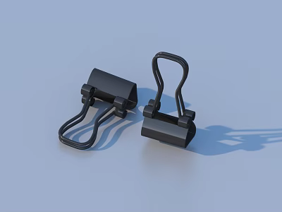 Black Binder Clips With Curved Metal Handles On Light Blue Background 3d model