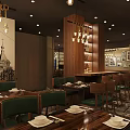 Cozy Restaurant Interior With Hanging Chandeliers Wooden Tables Green Chairs And Large Windows