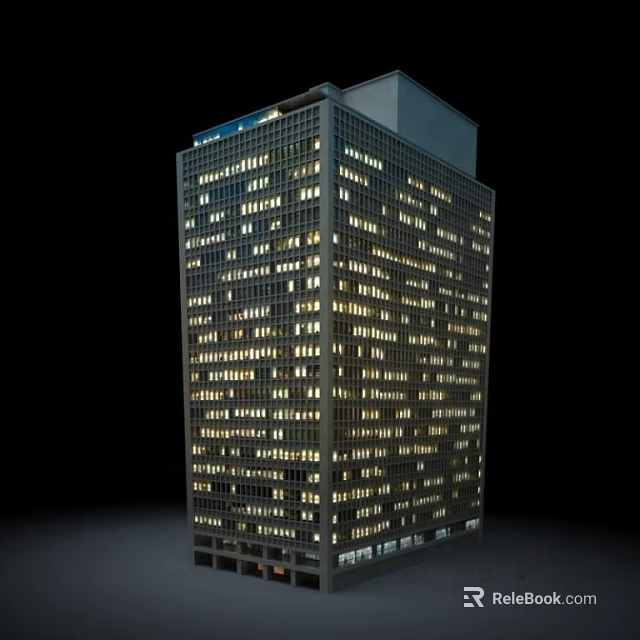 Modern High Rise Office Building With Glass Curtain Wall And Illuminated Windows 3d model 