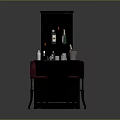 Stylish Black Bar Counter With Red Stools Wine Bottles Glasses And Gray Rug