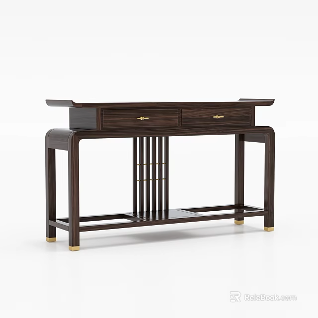 Dark Brown Wooden Entryway Cabinet Sideboard With Modern Chinese Lattice Design Gold Hardware And Drawers 3d model 