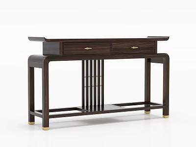 Dark Brown Wooden Entryway Cabinet Sideboard With Modern Chinese Lattice Design Gold Hardware And Drawers 3d model