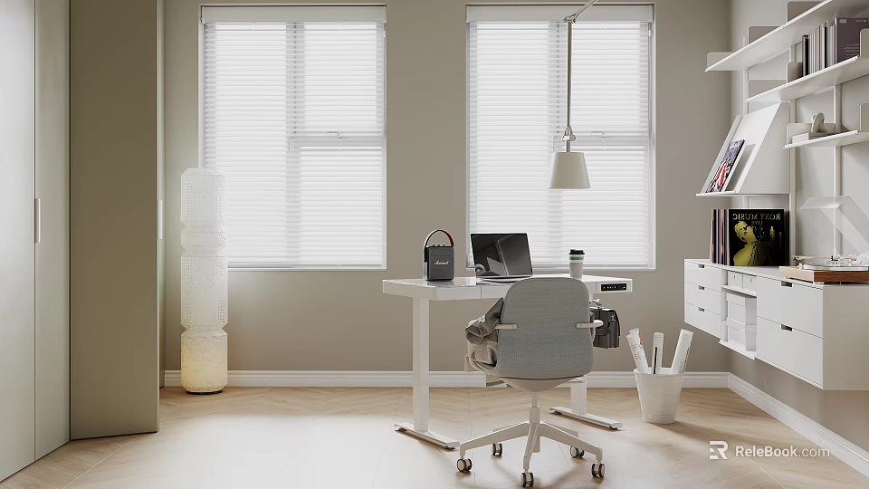 Modern Study Room Interior With White Desk Gray Chair Laptop Pendant Lamp And Window Blinds 3d model 