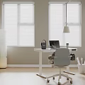 Modern Study Room Interior With White Desk Gray Chair Laptop Pendant Lamp And Window Blinds