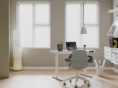 Modern Study Room Interior With White Desk Gray Chair Laptop Pendant Lamp And Window Blinds 3d model