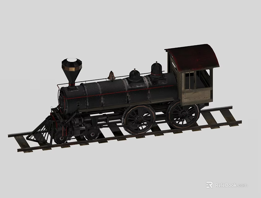 Detailed Vintage Steam Train Model With Black Body Red Accents On Rail Tracks 3d model 