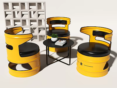 Yellow Tire Shaped Chairs With Small Round Table Set Featuring Potted Plant And Book 3d model