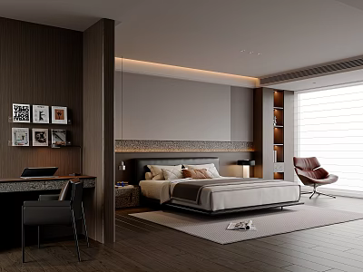 Modern Bedroom Design With King Size Bed Wooden Floor Nightstand Accent Chair And Large Window 3d model