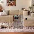 Cozy Beige Sofa Set Interior With Multiple Cushions Bookshelf Fireplace Table Lamp And Rug Plant