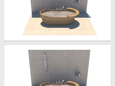 Round Wicker Bathtub in Modern Bathroom with Light Tile Walls and Floor 3d model