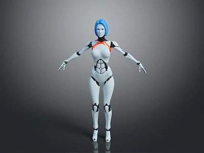 Children Friendly Humanoid Robot Toy With Blue Hair White Body And Orange Details 3d model