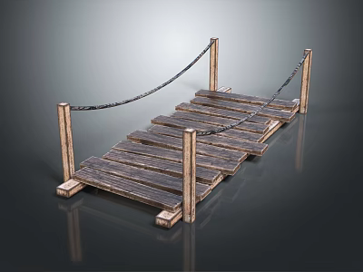 Wooden Bridge Structure With Wooden Planks Wooden Posts And Rope Railings 3d model