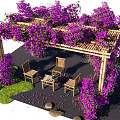 Wooden Pergola Covered With Purple Flowers And Outdoor Seating With Stones