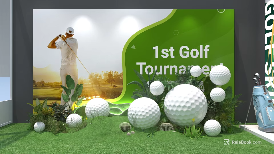 1st Golf Tournament Photo Spot With Golfer Silhouette Green Turf And Golf Balls 3d model 