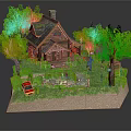 Rustic Log Cabin Surrounded by Green Trees Red Car and Grass Pathway 3d model
