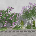 Flowering Arbor With Purple Blooms Along Stone Pathway And Green Shrubs