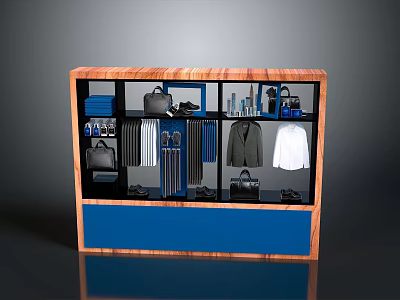 Wooden Display Cabinet With Men's Shirts Suits Bags Shoes And Blue Panel 3d model