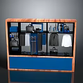 Wooden Display Cabinet With Men's Shirts Suits Bags Shoes And Blue Panel