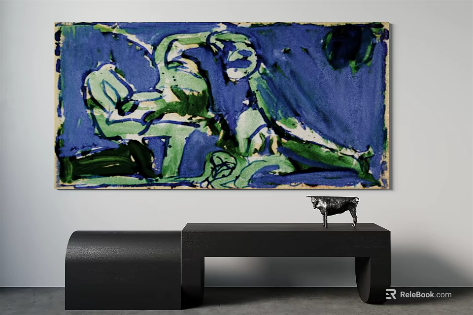 Abstract Blue Green Painting On Wall With Black Bench And Sculpture Decor 3d model 