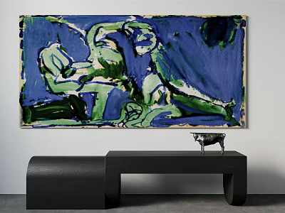 Abstract Blue Green Painting On Wall With Black Bench And Sculpture Decor 3d model