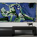 Abstract Blue Green Painting On Wall With Black Bench And Sculpture Decor