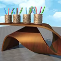 Colorful Pens in Carved Metal Holders on Wooden Shelf With Blue Sky Background