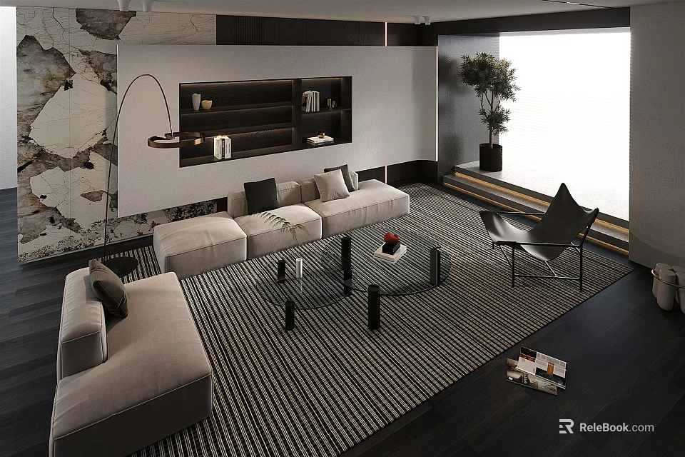 Modern Living Room With Light Colored Sofa And Glass Coffee Table Black White Striped Rug 3d model 