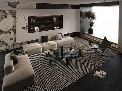 Modern Living Room With Light Colored Sofa And Glass Coffee Table Black White Striped Rug 3d model