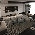 Modern Living Room With Light Colored Sofa And Glass Coffee Table Black White Striped Rug