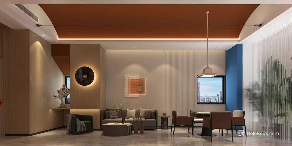 Comfortable Modern Hotel Chess Room Interior With Chess Tables Sofa TV And Pendant Lights 3d model 