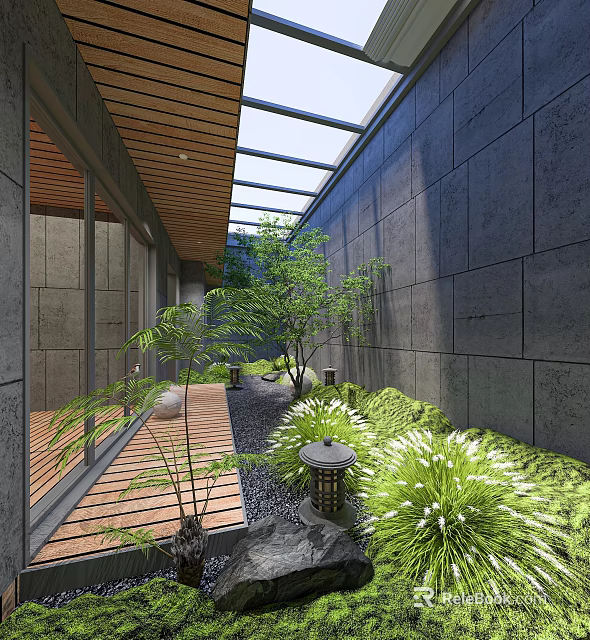 Modern Indoor Courtyard Garden with Green Plants Stone Lanterns Pebble Path and Glass Roof 3d model 