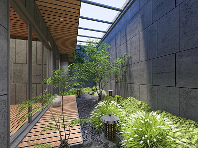 Modern Indoor Courtyard Garden with Green Plants Stone Lanterns Pebble Path and Glass Roof 3d model