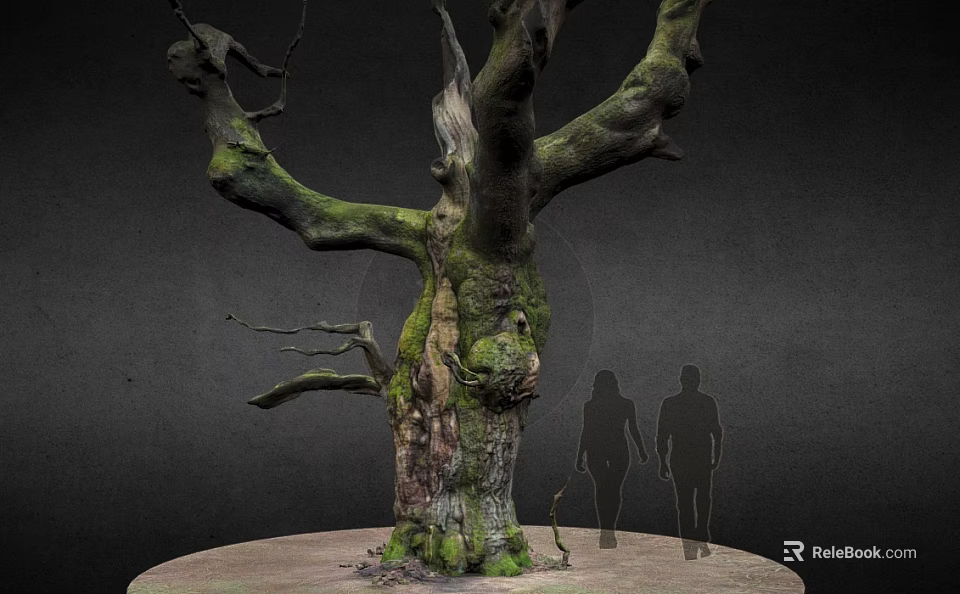 Ancient Moss Covered Tree With Thick Trunk And Two People Silhouettes Walking On Circular Platform 3d model