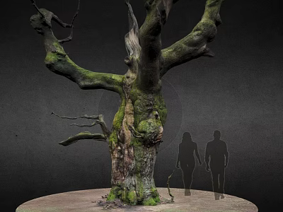 Ancient Moss Covered Tree With Thick Trunk And Two People Silhouettes Walking On Circular Platform 3d model