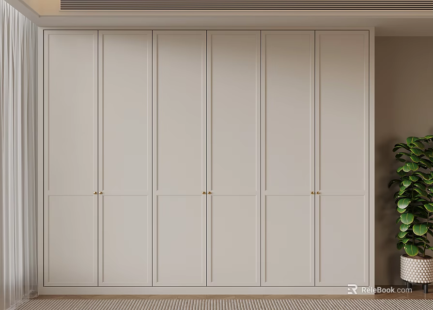 Minimalist White Closet Interior Design With Simple Panel Doors And Wooden Base 3d model 