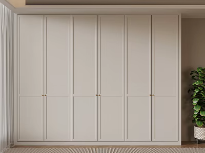 Minimalist White Closet Interior Design With Simple Panel Doors And Wooden Base 3d model