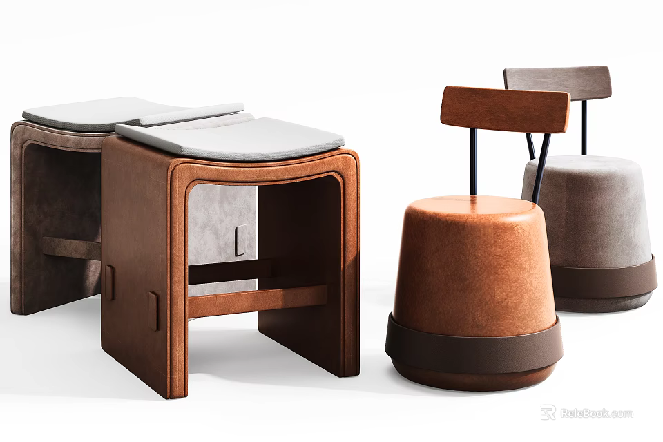 Modern Stylish Stool Designs Featuring Wooden Frames And Upholstered Seats In Brown Gray 3d model 