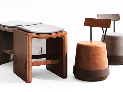 Modern Stylish Stool Designs Featuring Wooden Frames And Upholstered Seats In Brown Gray 3d model