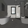 Modern Bathroom Interior With Freestanding Bathtub Glass Shower Enclosure And Window Blinds